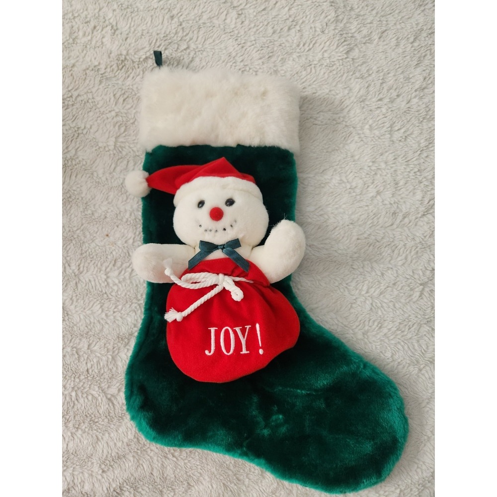 Vintage 90s Plush Green Stocking with Snowman & Red "JOY!" Bag Holiday Decor